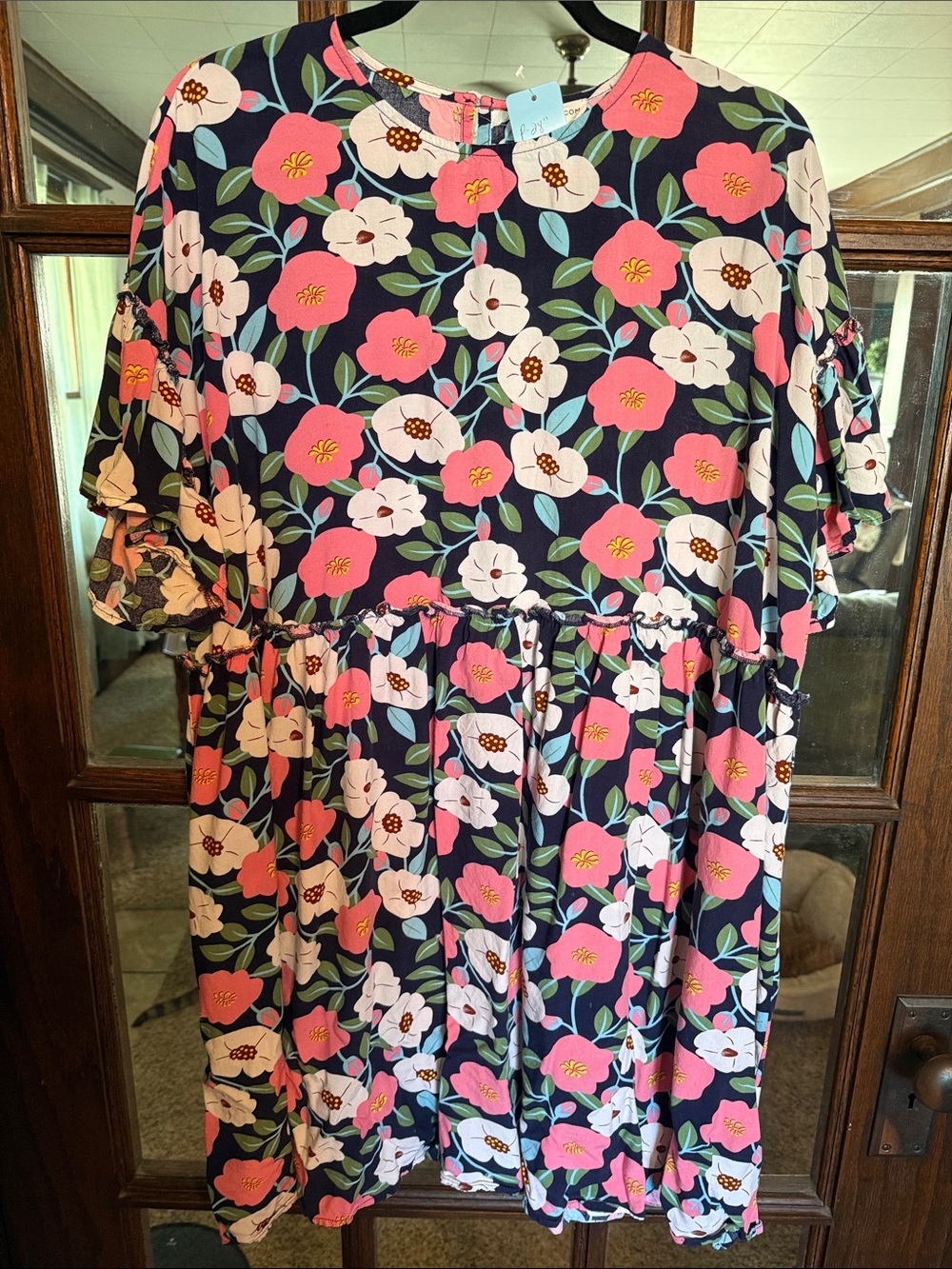 Chic Soul Navy Pink Floral Ruffle Sleeve Babydoll Dress 3X Botanical Cottagecore
